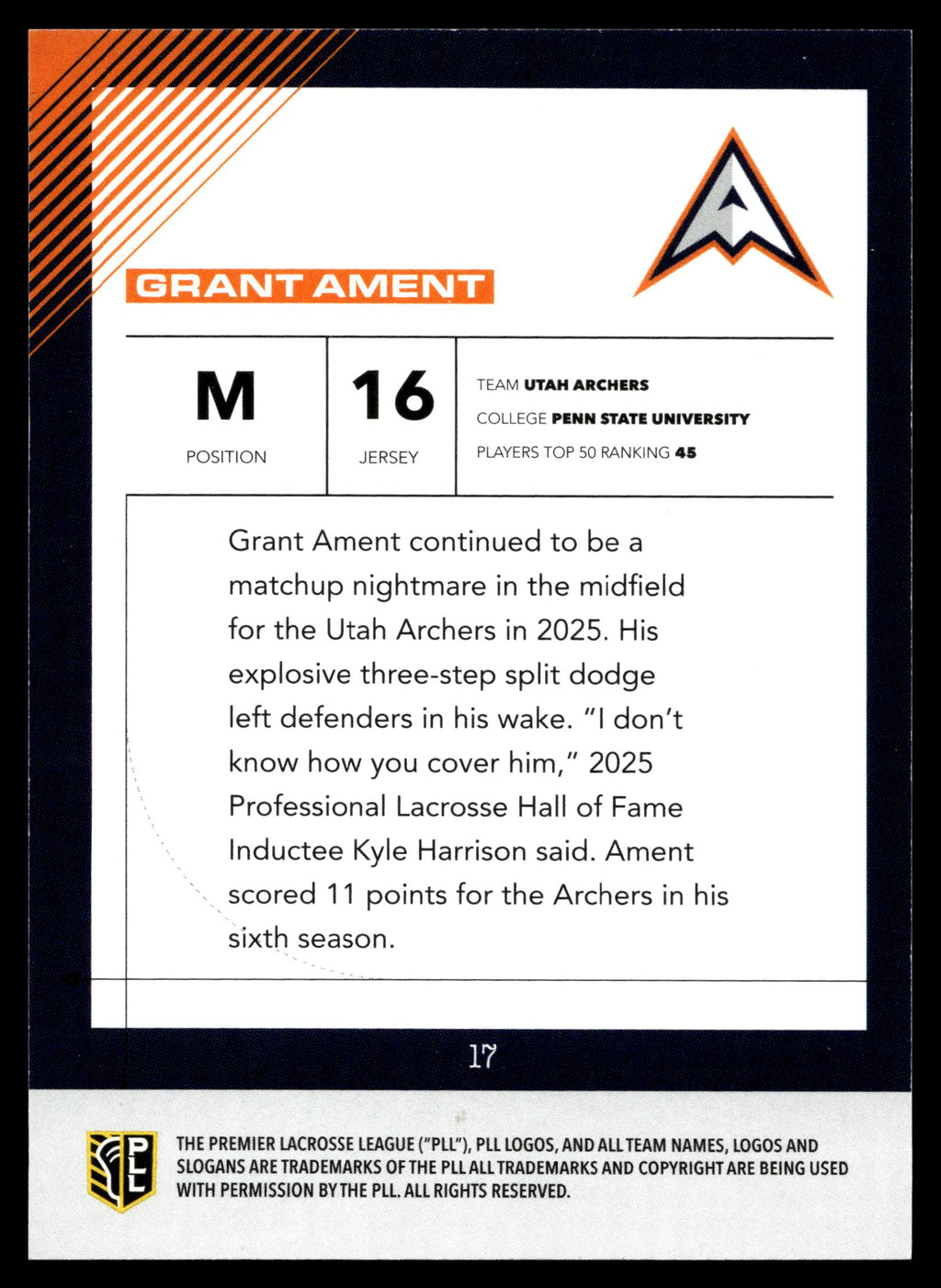 Grant Ament 2026 PLL Fieldside II Utah Archers Blue 96/99 #17
