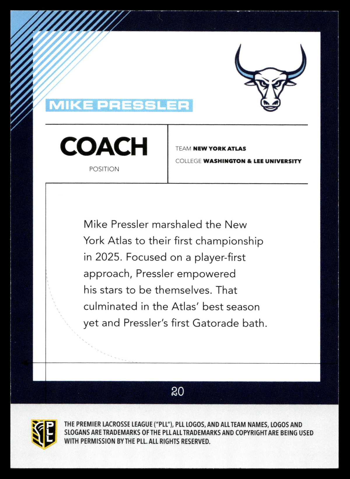 Mike Pressler 2026 PLL Fieldside II New York Atlas Blue 69/99 #20