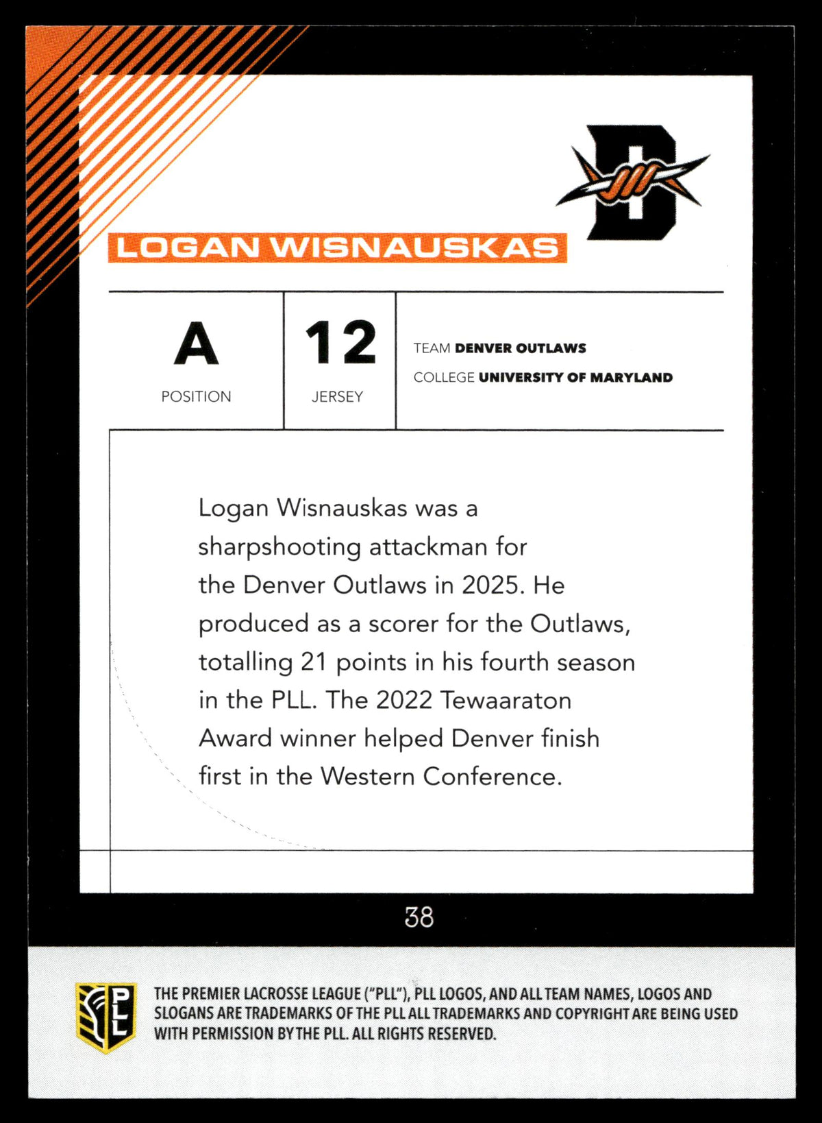 Logan Wisnauskas 2026 PLL Fieldside II Denver Outlaws Blue 06/99 #38