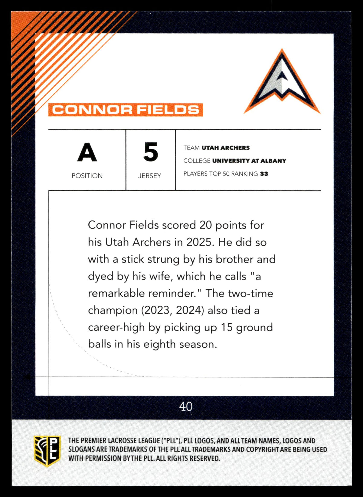 Connor Fields 2026 PLL Fieldside II Utah Archers Blue 86/99 #40