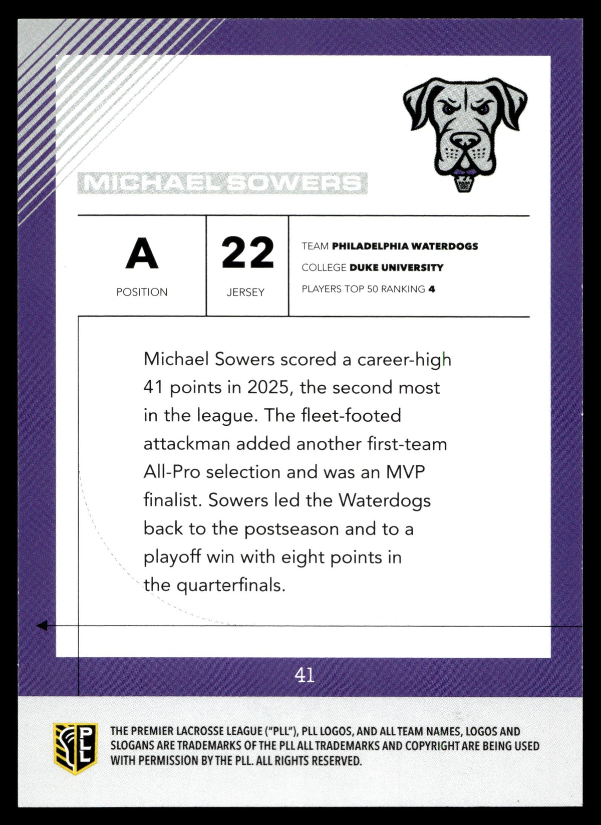 Michael Sowers 2026 PLL Fieldside II Philadelphia Waterdogs Blue 56/99 #41