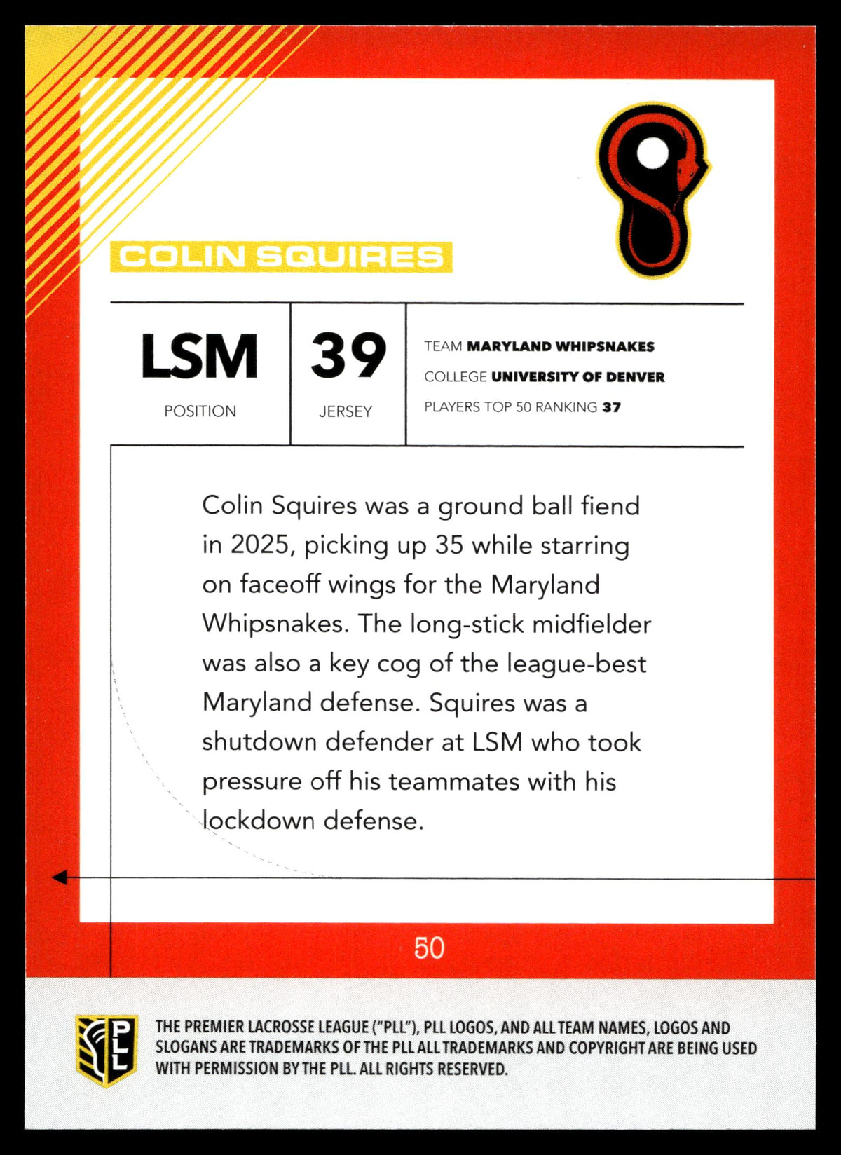Colin Squires 2026 PLL Fieldside II Maryland Whipsnakes Blue 84/99 #50
