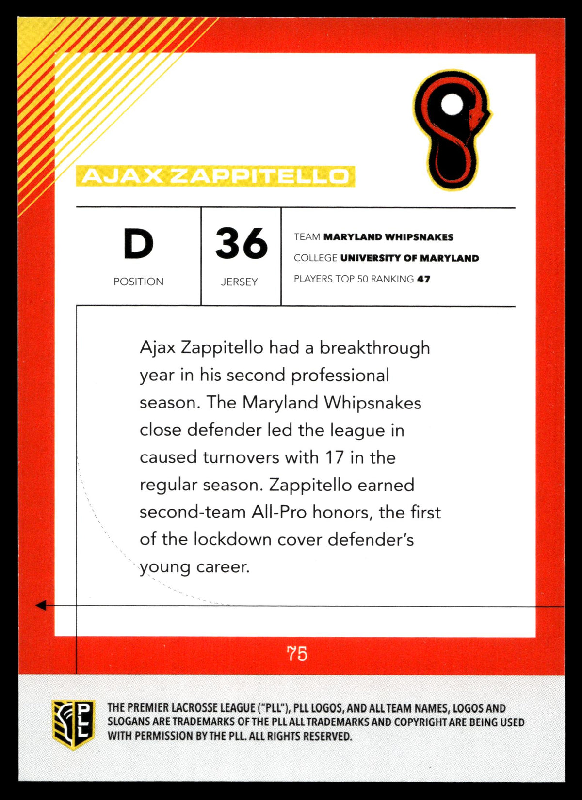 Ajax Zappitello 2026 PLL Fieldside II Maryland Whipsnakes Blue 16/99 #75