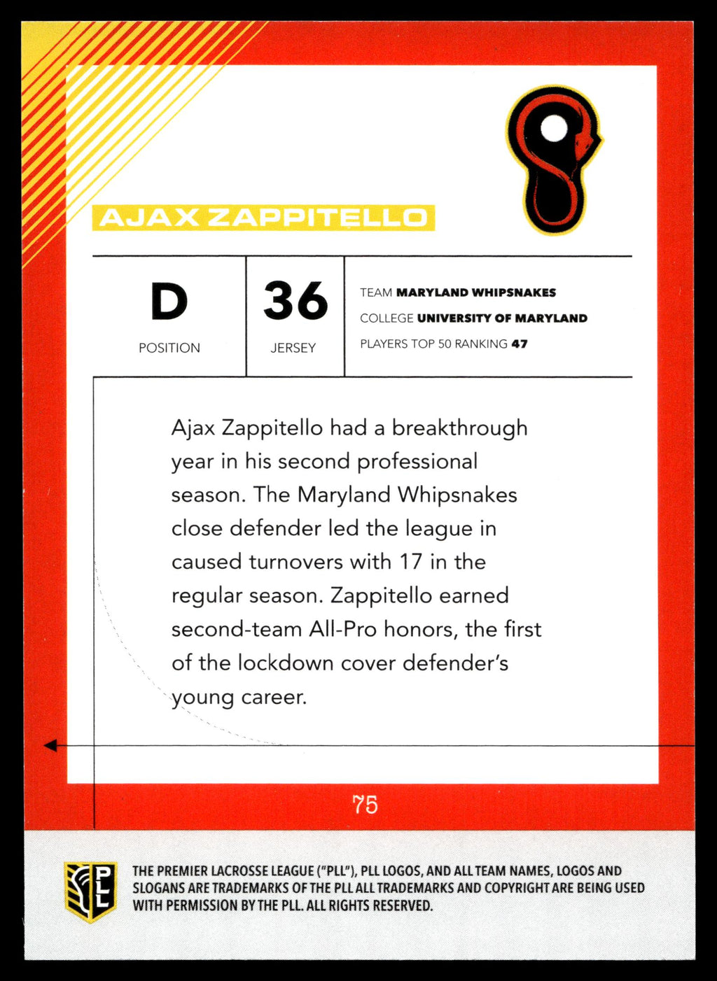 Ajax Zappitello 2026 PLL Fieldside II Maryland Whipsnakes Blue 17/99 #75