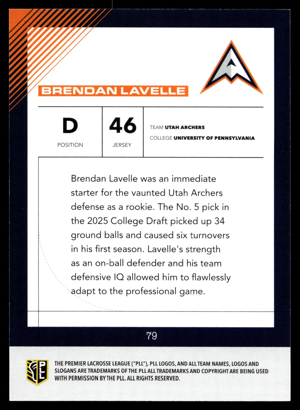 Brendan Lavelle 2026 PLL Fieldside II Utah Archers Blue 53/99 #79