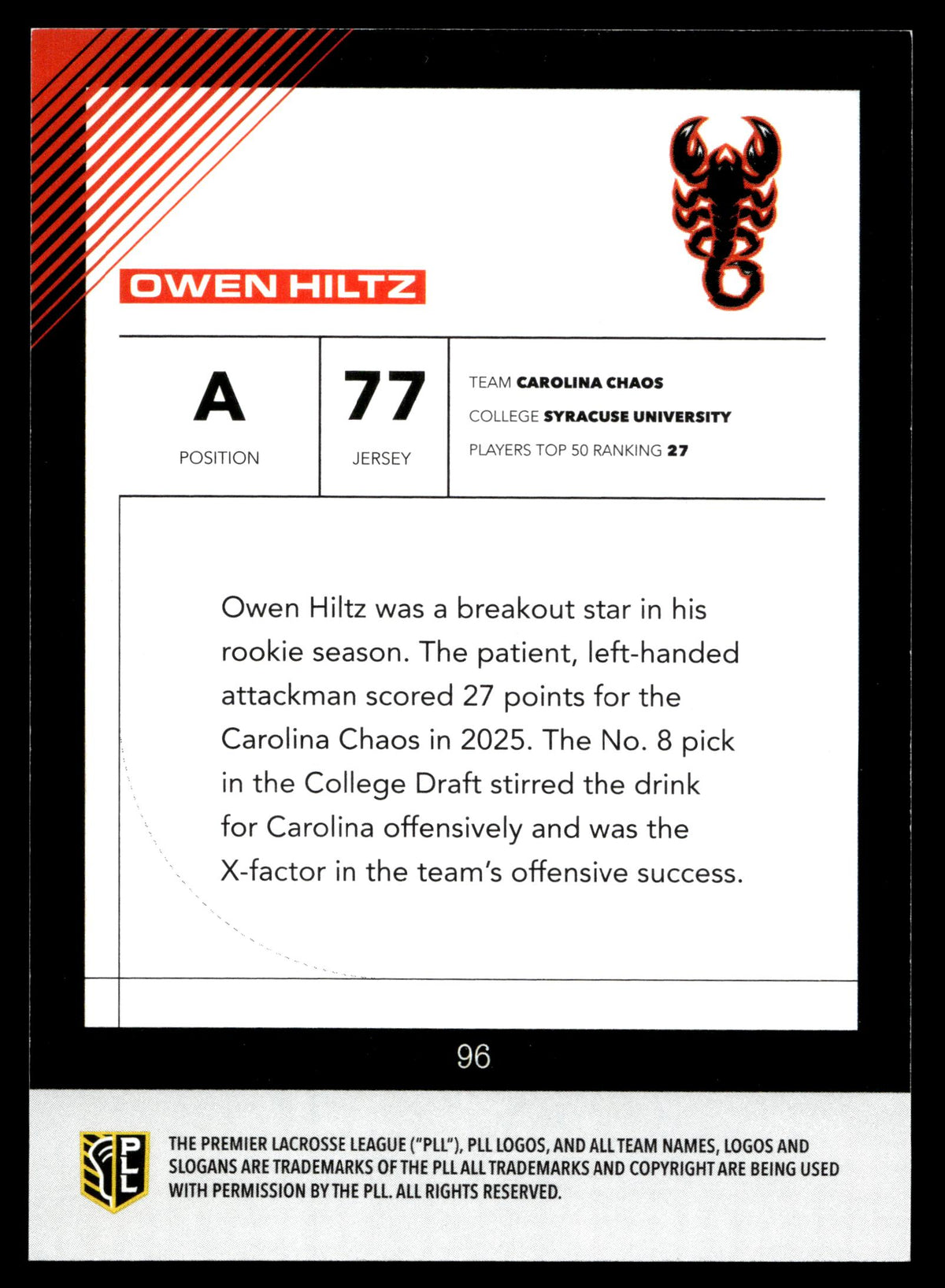 Owen Hiltz 2026 PLL Fieldside II Carolina Chaos Blue 67/99 #96