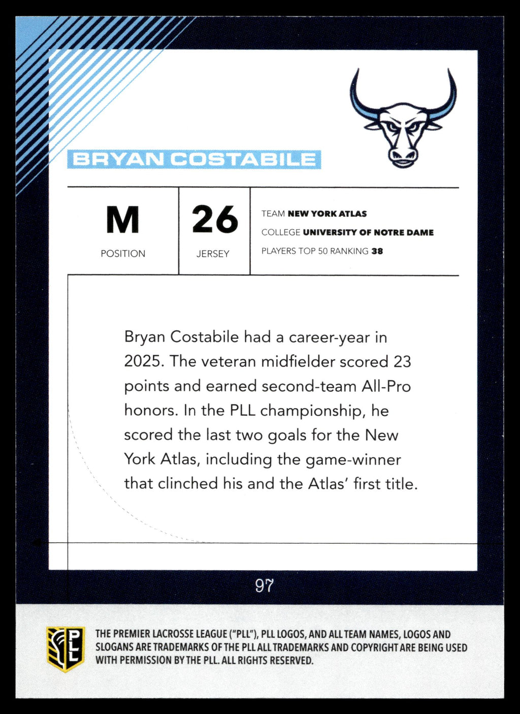Bryan Costabile 2026 PLL Fieldside II New York Atlas Blue 84/99 #97