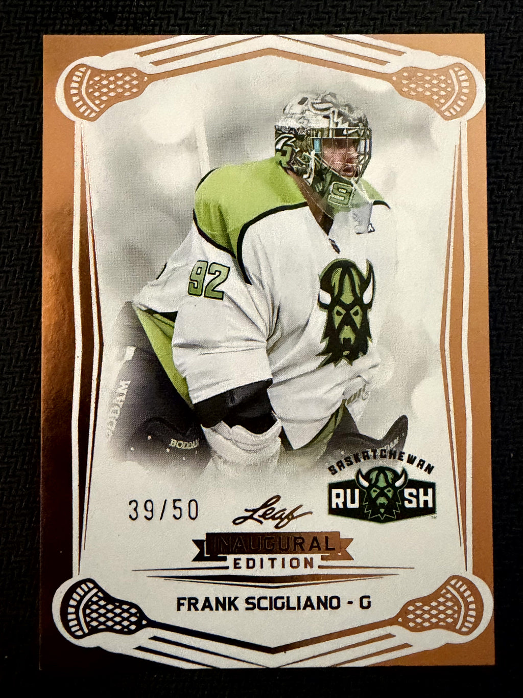 Frank Scigliano 2025 Leaf NLL Inaugural Saskatchewan Rush Rose Gold 39/50 #37