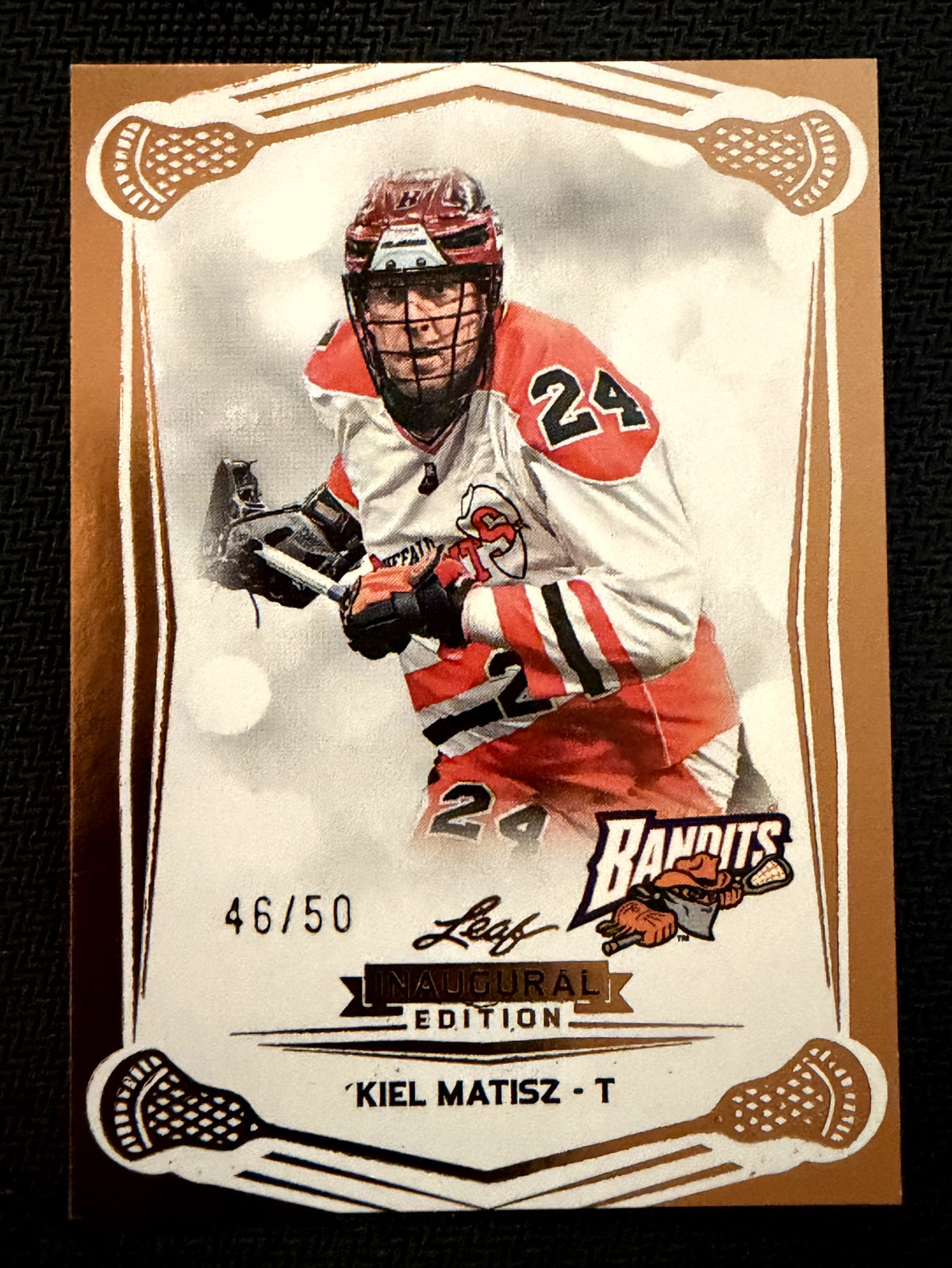 Kiel Matisz 2025 Leaf NLL Inaugural Buffalo Bandits Rose Gold 46/50 #56