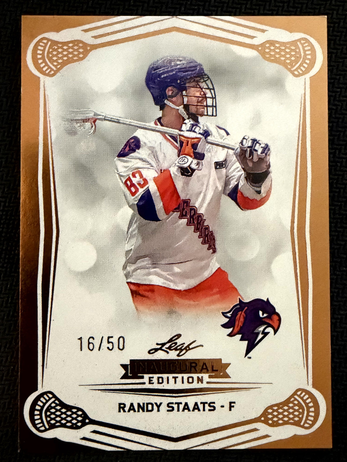 Randy Staats 2025 Leaf NLL Inaugural Halifax Thunderbirds Rose Gold 16/50 #72