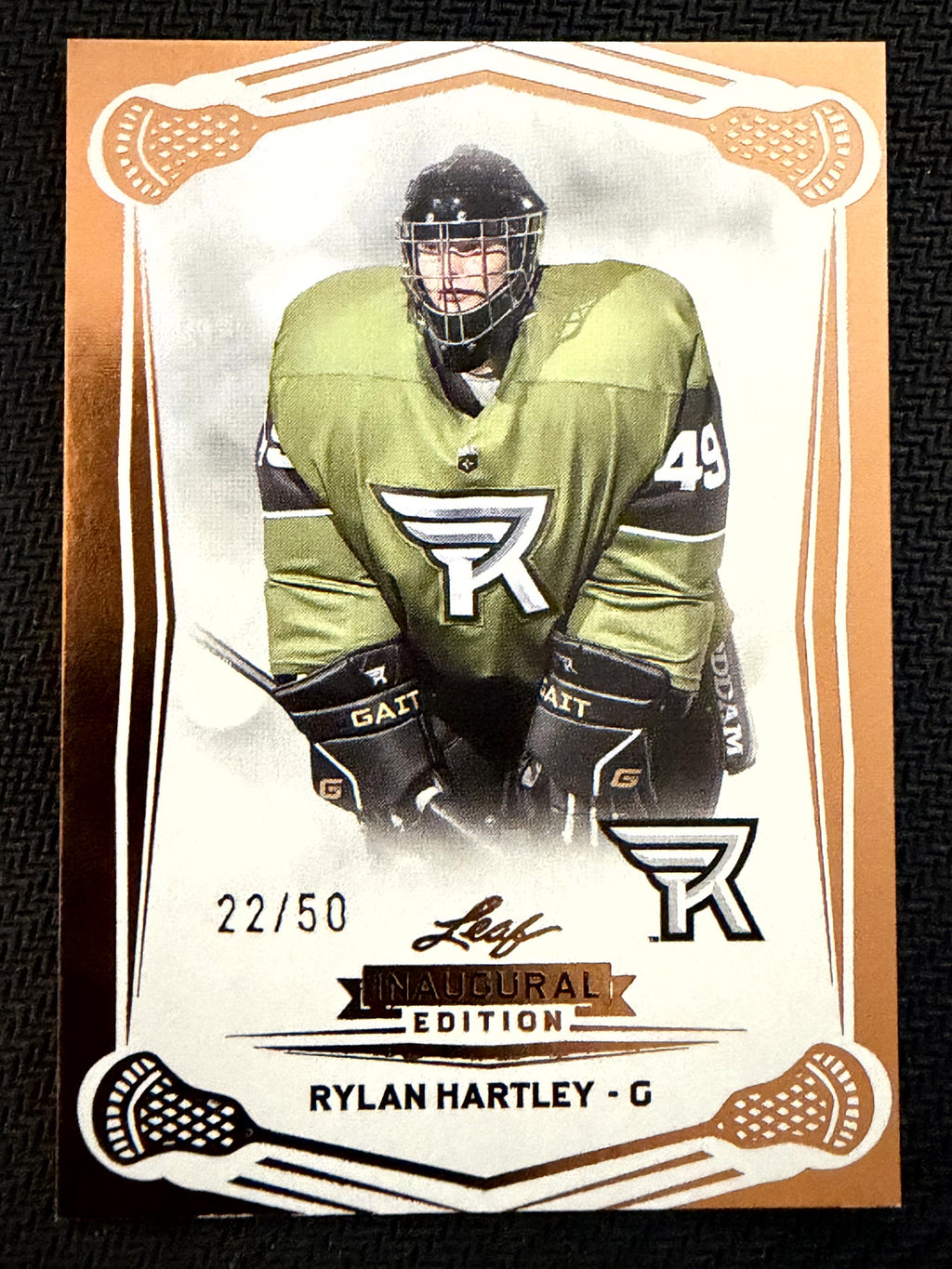 Rylan Hartley 2025 Leaf NLL Inaugural Rochester Nighthawks Rose Gold 22/50 #84