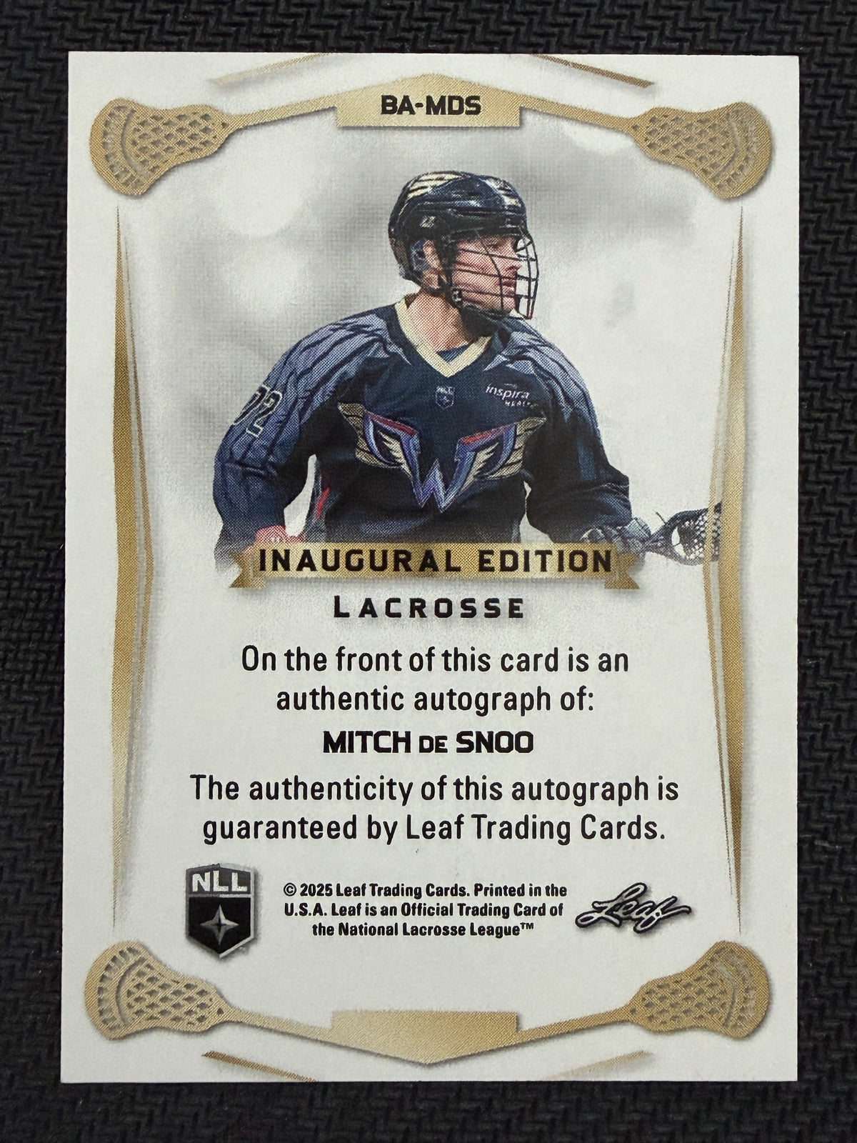 Mitch De Snoo 2025 Leaf NLL Inaugural Philadelphia Wings Rose Gold Auto 20/30 #BA-MDS