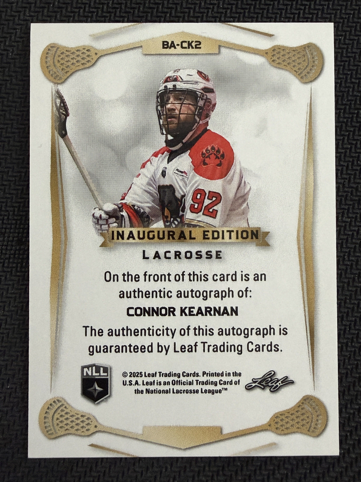 Connor Kearnan 2025 Leaf NLL Inaugural Ottowa Black Bears Red Auto 13/20 #BA-CK2