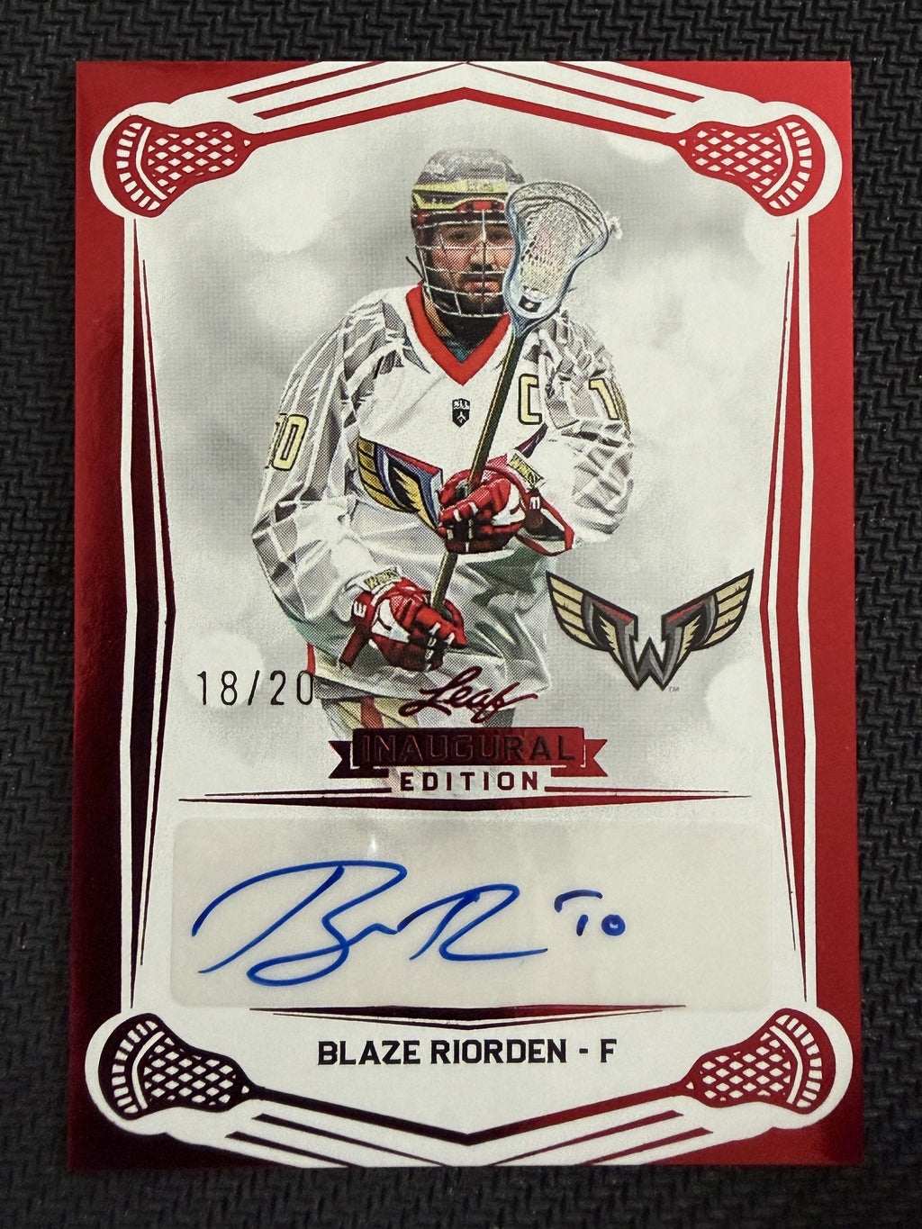 Blaze Riorden 2025 Leaf NLL Inaugural Philadelphia Wings Red Auto 18/20 #BA-BR1