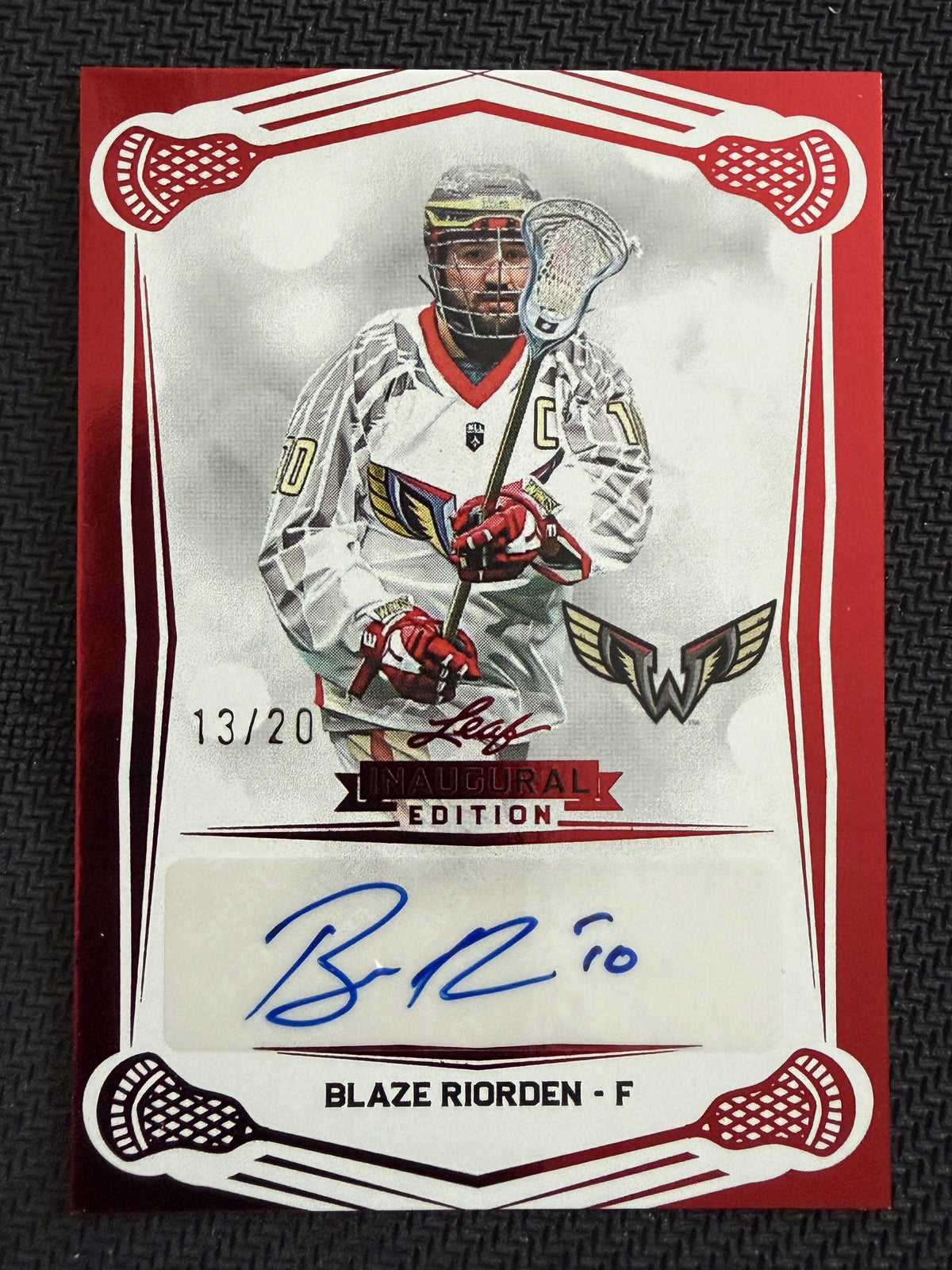 Blaze Riorden 2025 Leaf NLL Inaugural Philadelphia Wings Red Auto 13/20 #BA-BR1