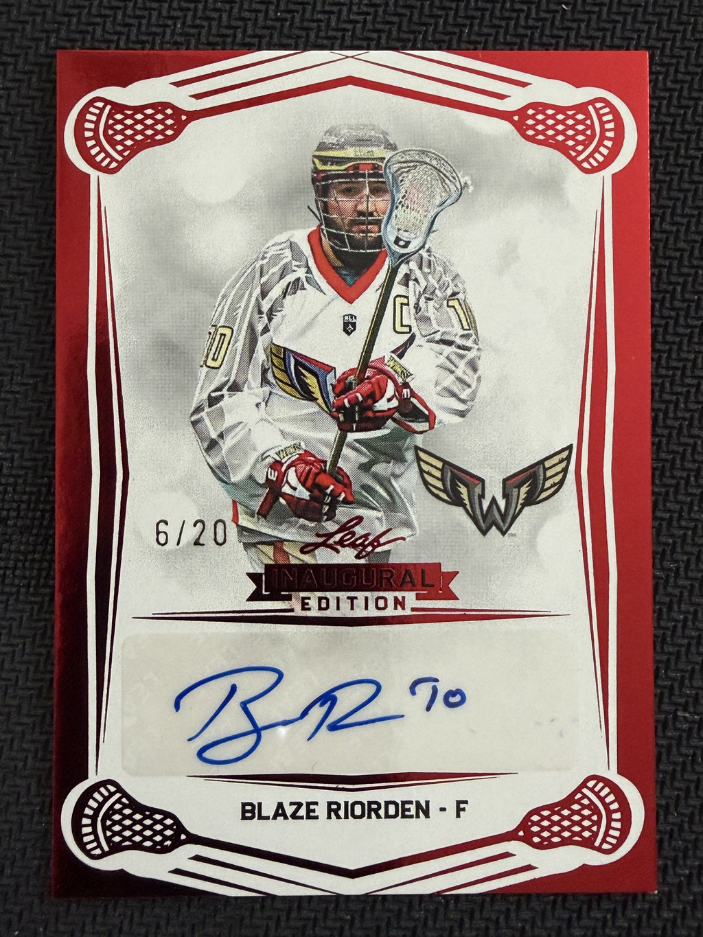 Blaze Riorden 2025 Leaf NLL Inaugural Philadelphia Wings Red Auto 6/20 #BA-BR1