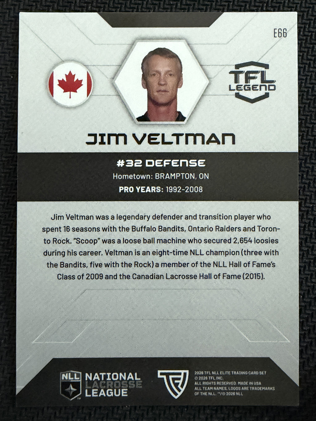 Jim Veltman 2026 TFL NLL Elite Toronto Rock Legends 7/25 #E66