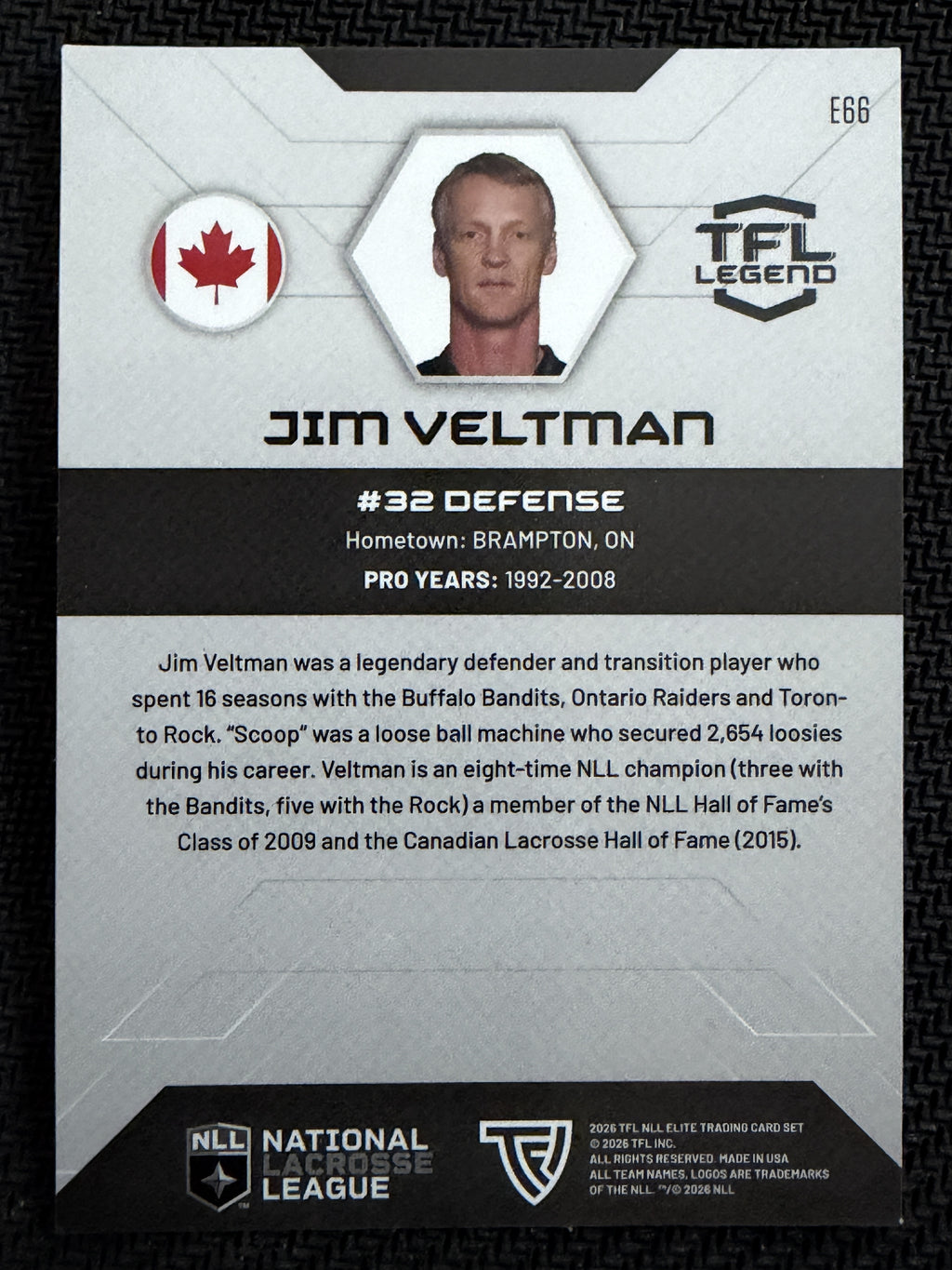 Jim Veltman 2026 TFL NLL Elite Toronto Rock Legends 20/25 #E66
