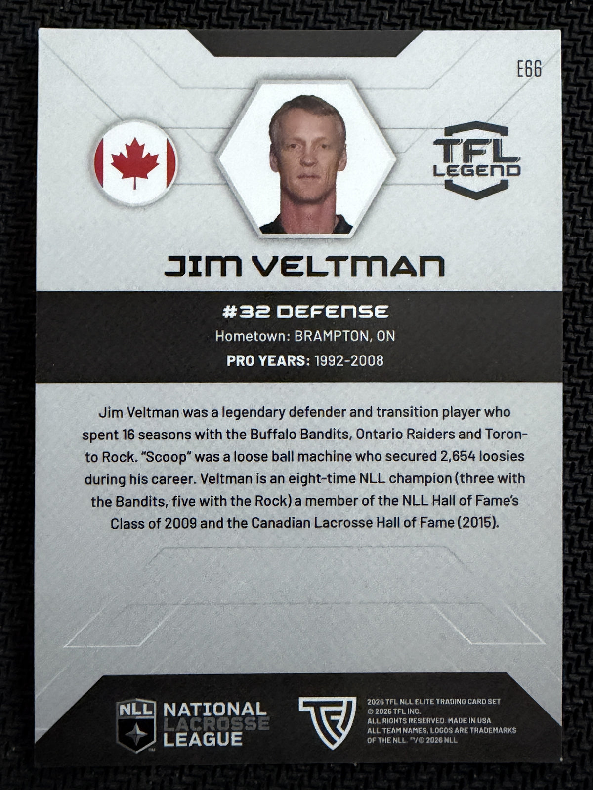 Jim Veltman 2026 TFL NLL Elite Toronto Rock Legends 20/25 #E66