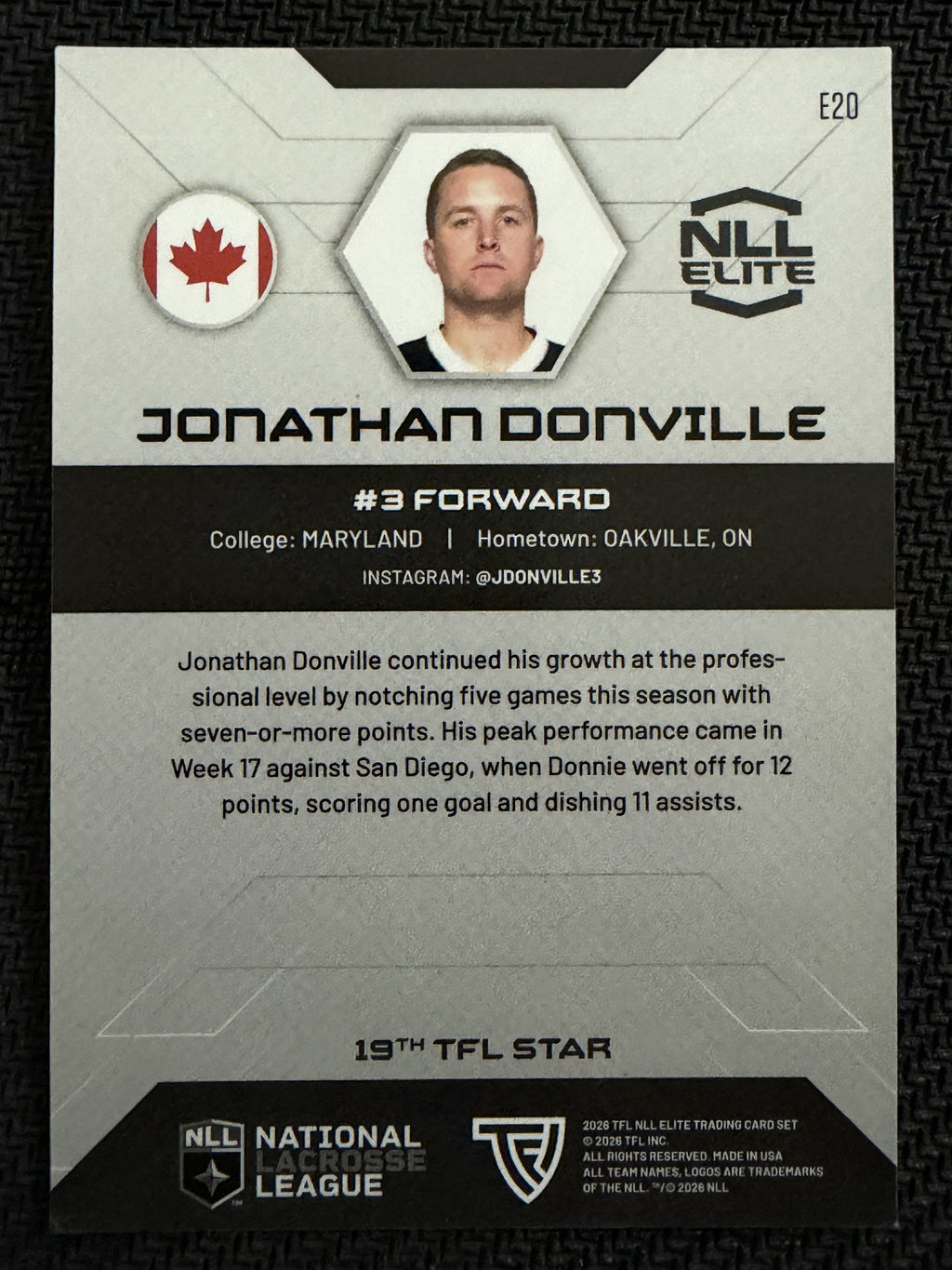 Jonathan Donville 2026 TFL NLL Elite Las Vegas Desert Dogs Haze 16/25 #E20