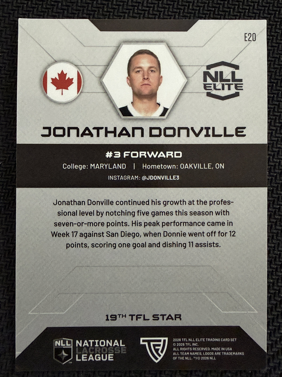 Jonathan Donville 2026 TFL NLL Elite Las Vegas Desert Dogs Haze 17/25 #E20