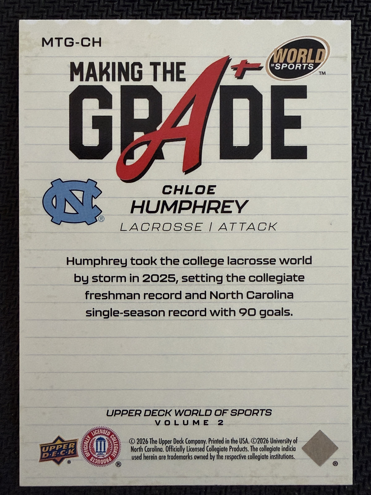 Chloe Humphrey 2026 Upper Deck WOS 2 North Carolina Making the Grade #MTG-CH