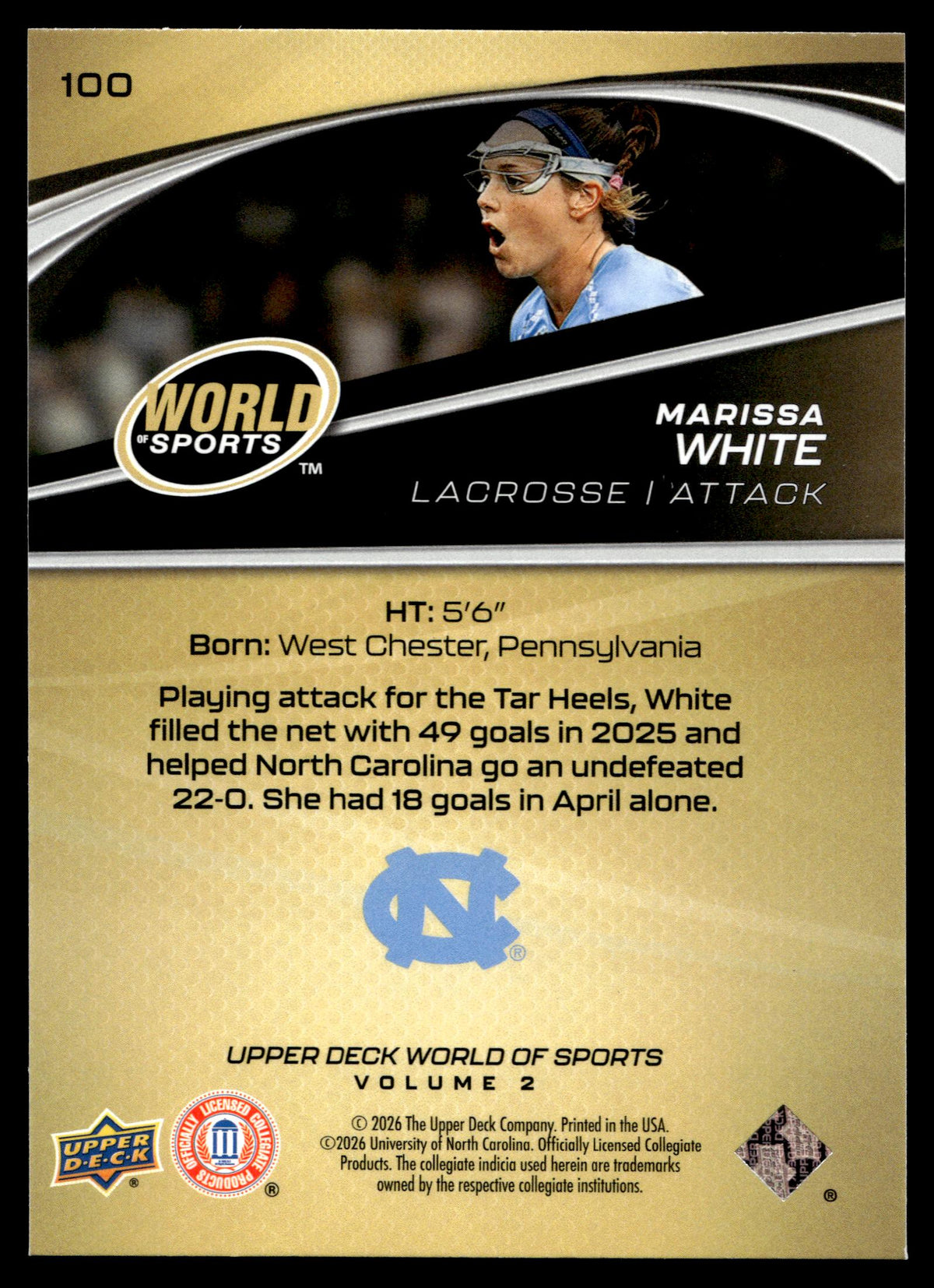 Marissa White 2026 Upper Deck WOS Volume 2 North Carolina #100