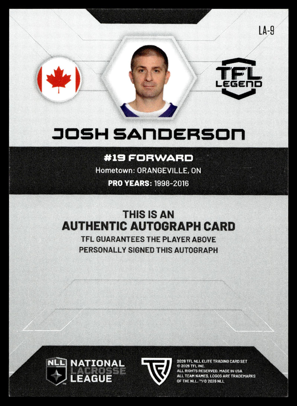 Josh Sanderson 2026 TFL Sports NLL Elite Toronto Rock Legends Auto #LA-9