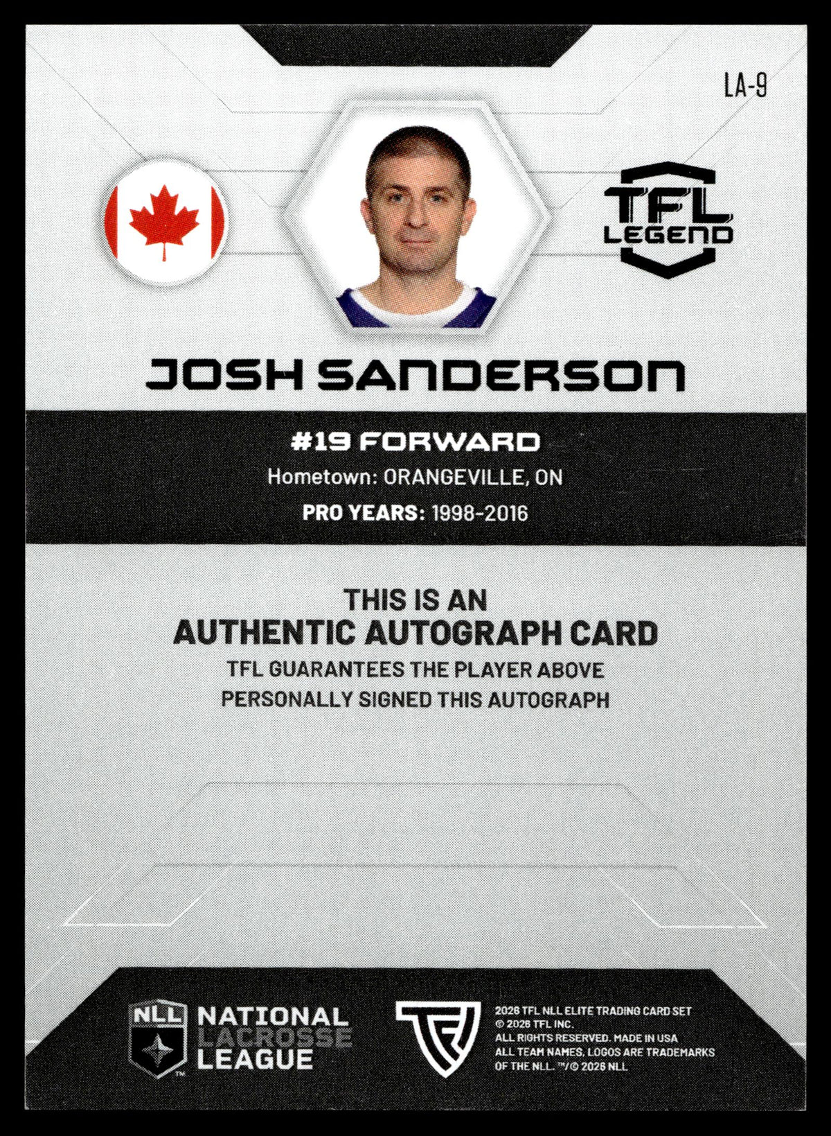 Josh Sanderson 2026 TFL Sports NLL Elite Toronto Rock Legends Auto #LA-9