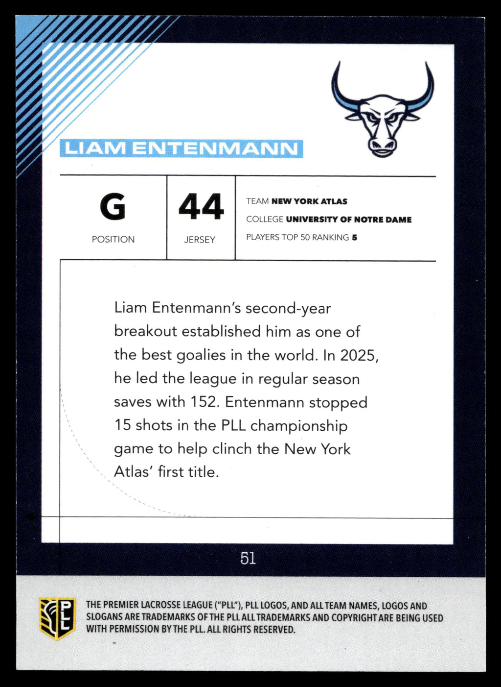Liam Entenmann 2026 PLL Fieldside II New York Atlas B & W 46/50 #51