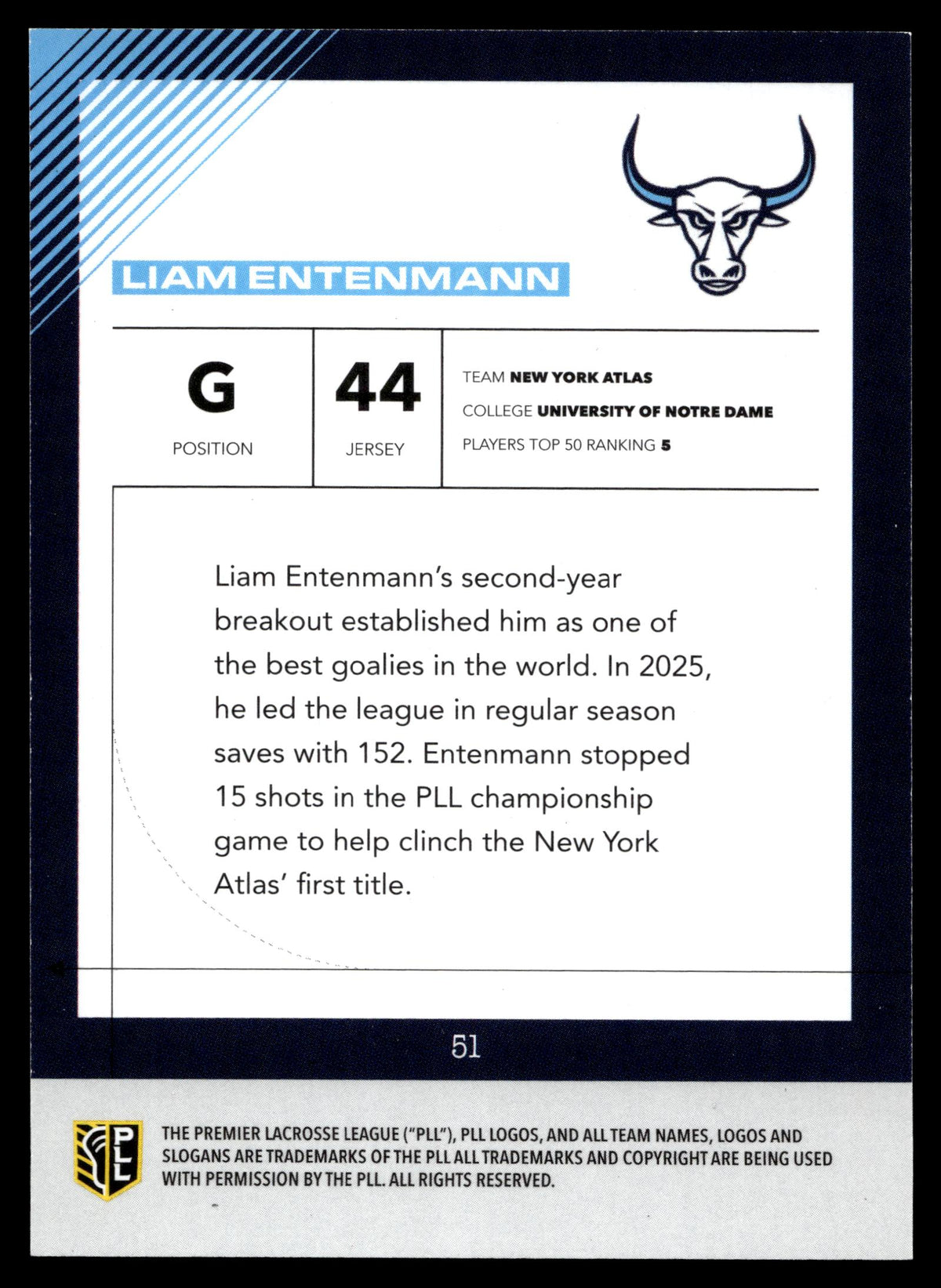 Liam Entenmann 2026 PLL Fieldside II New York Atlas B & W 46/50 #51