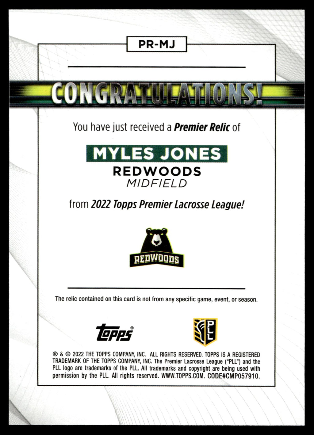 Myles Jones 2022 Topps PLL Redwoods Premier Relics #PR-MJ