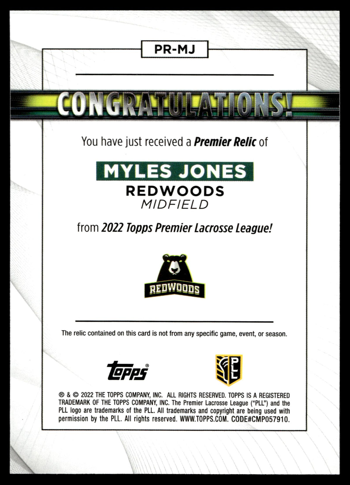 Myles Jones 2022 Topps PLL Redwoods Premier Relics #PR-MJ