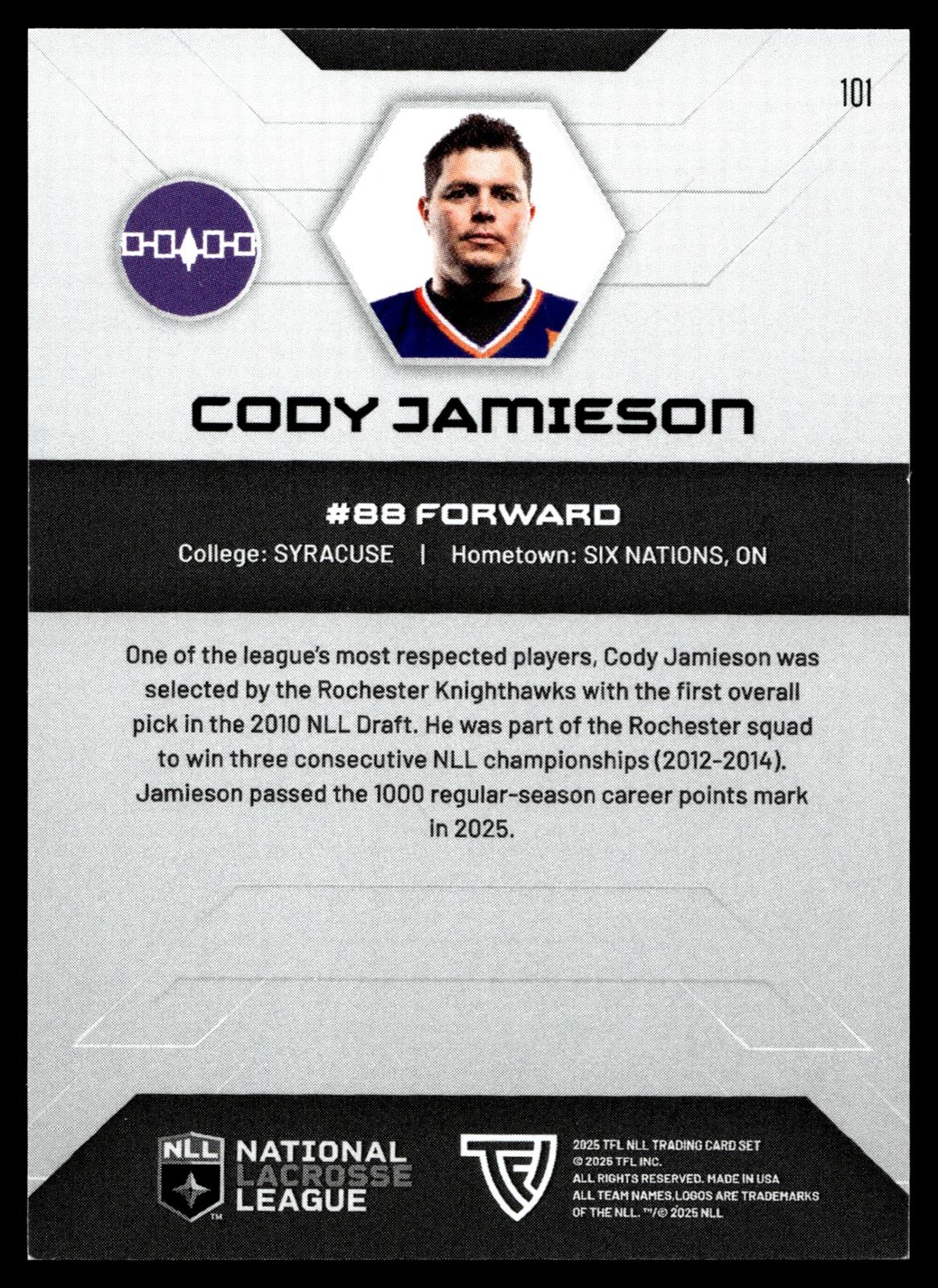 Cody Jamieson 2025 TFL Sports NLL Halifax Thunderbirds Haze 22/25 #101