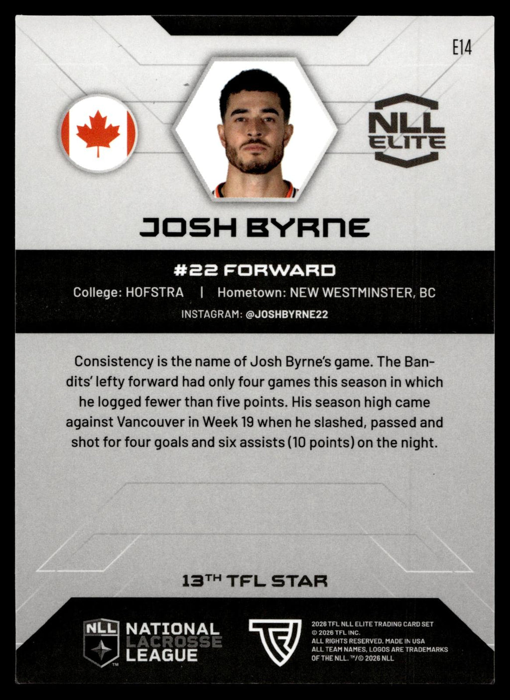 Josh Byrne 2026 TFL NLL Elite Buffalo Bandits Home Floor 64/75 #E14