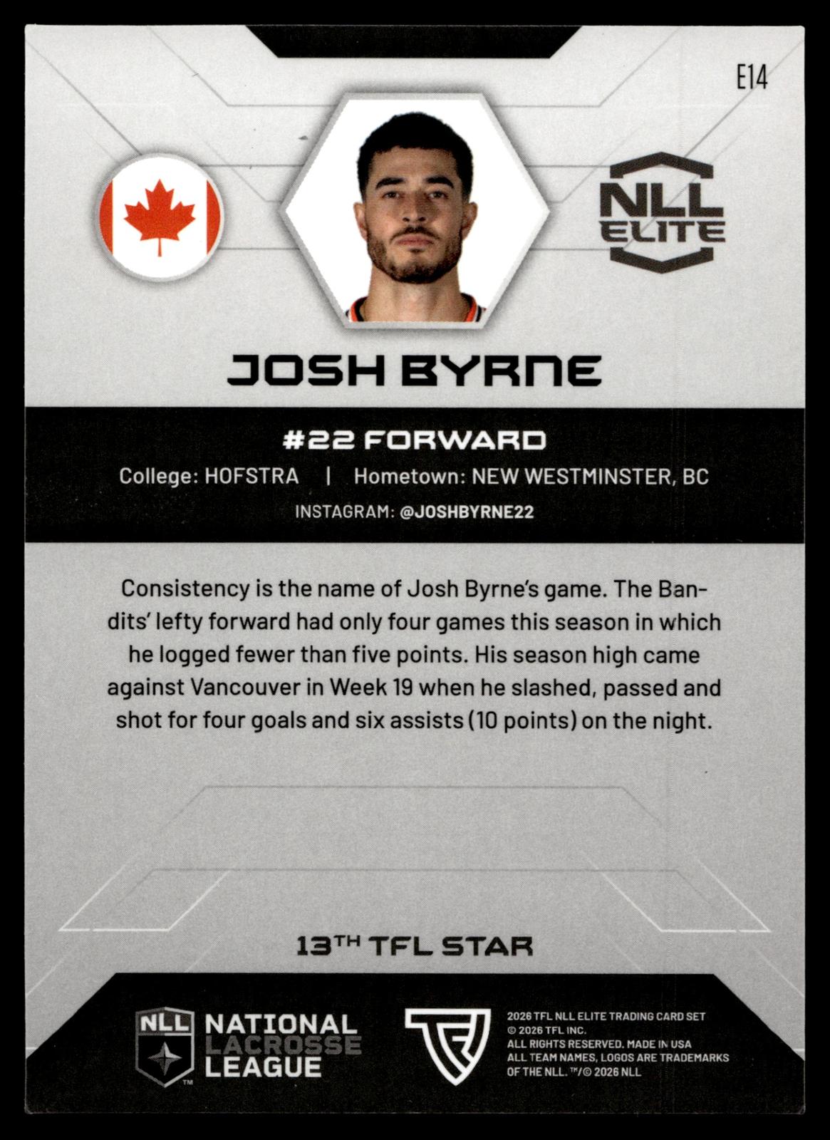 Josh Byrne 2026 TFL NLL Elite Buffalo Bandits Home Floor 64/75 #E14