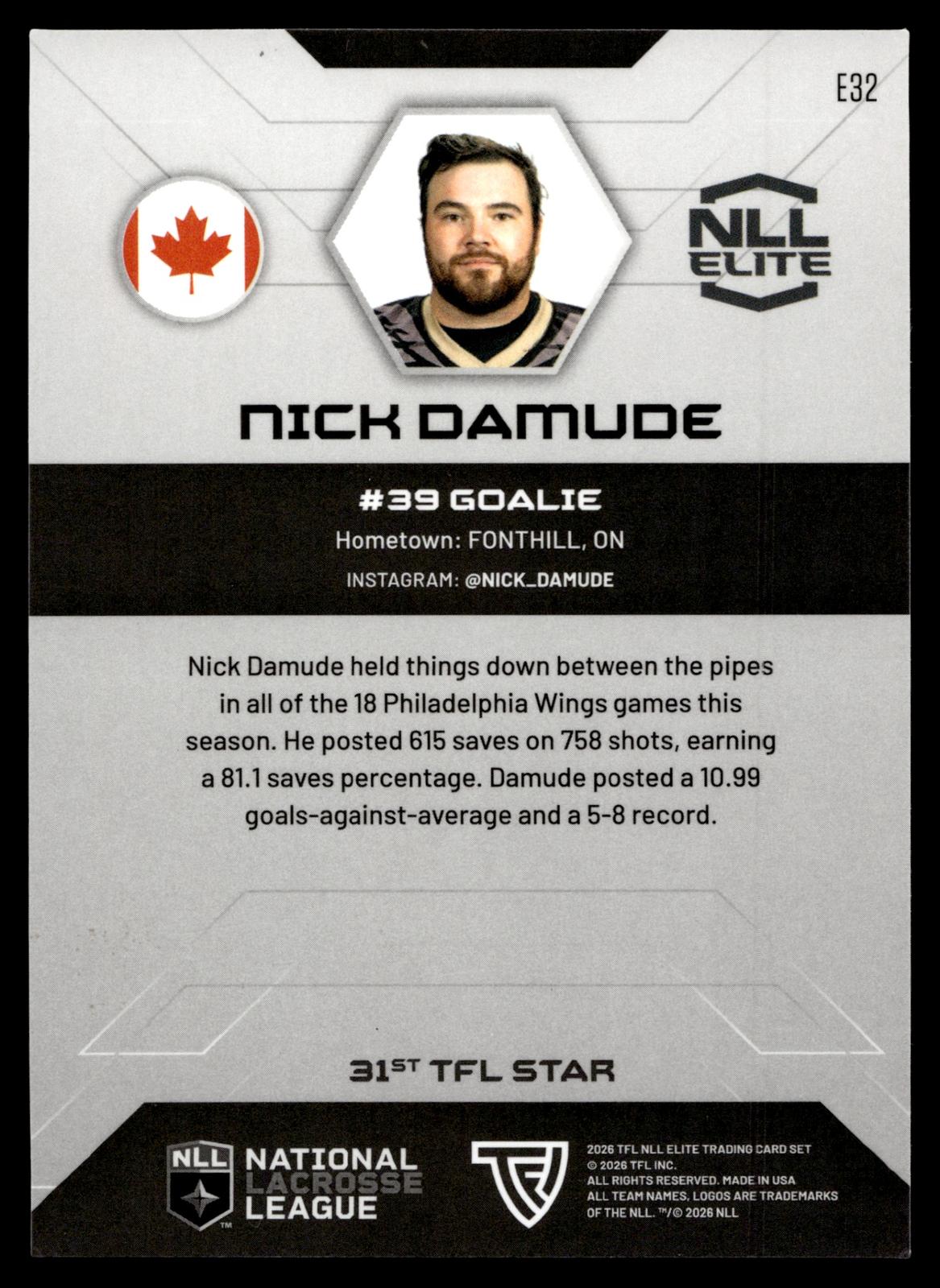 Nick Damude 2026 TFL NLL Elite Philadelphia Wings Home Floor 5/75 #E32