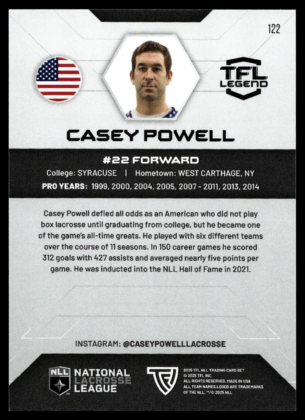 Casey Powell 2025 TFL Sports NLL New York Titans Home Floor 13/75 #122