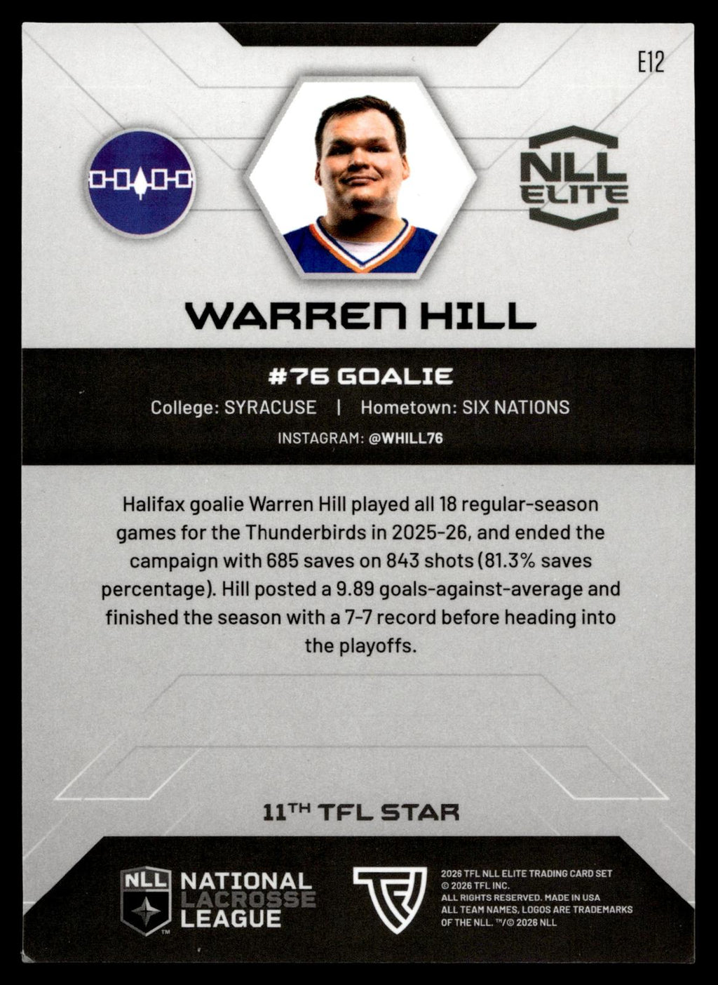 Warren Hill 2026 TFL NLL Elite Halifax Thunderbirds Home Floor 57/75 #E12