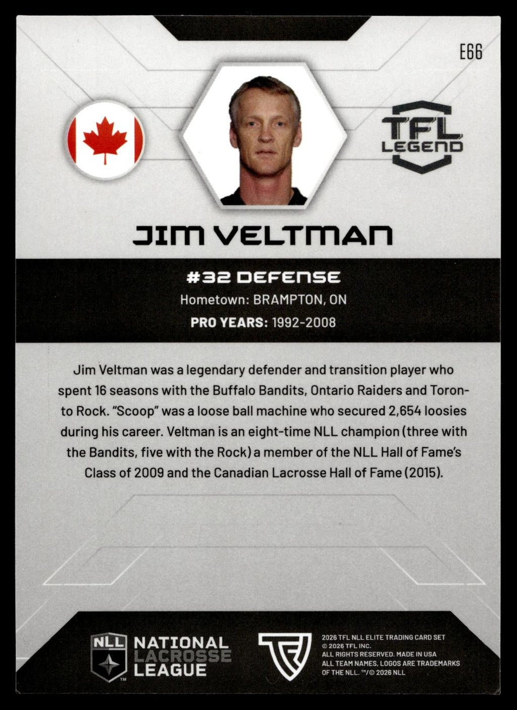 Jim Veltman 2026 TFL NLL Elite Toronto Rock Legends 14/25 #E66