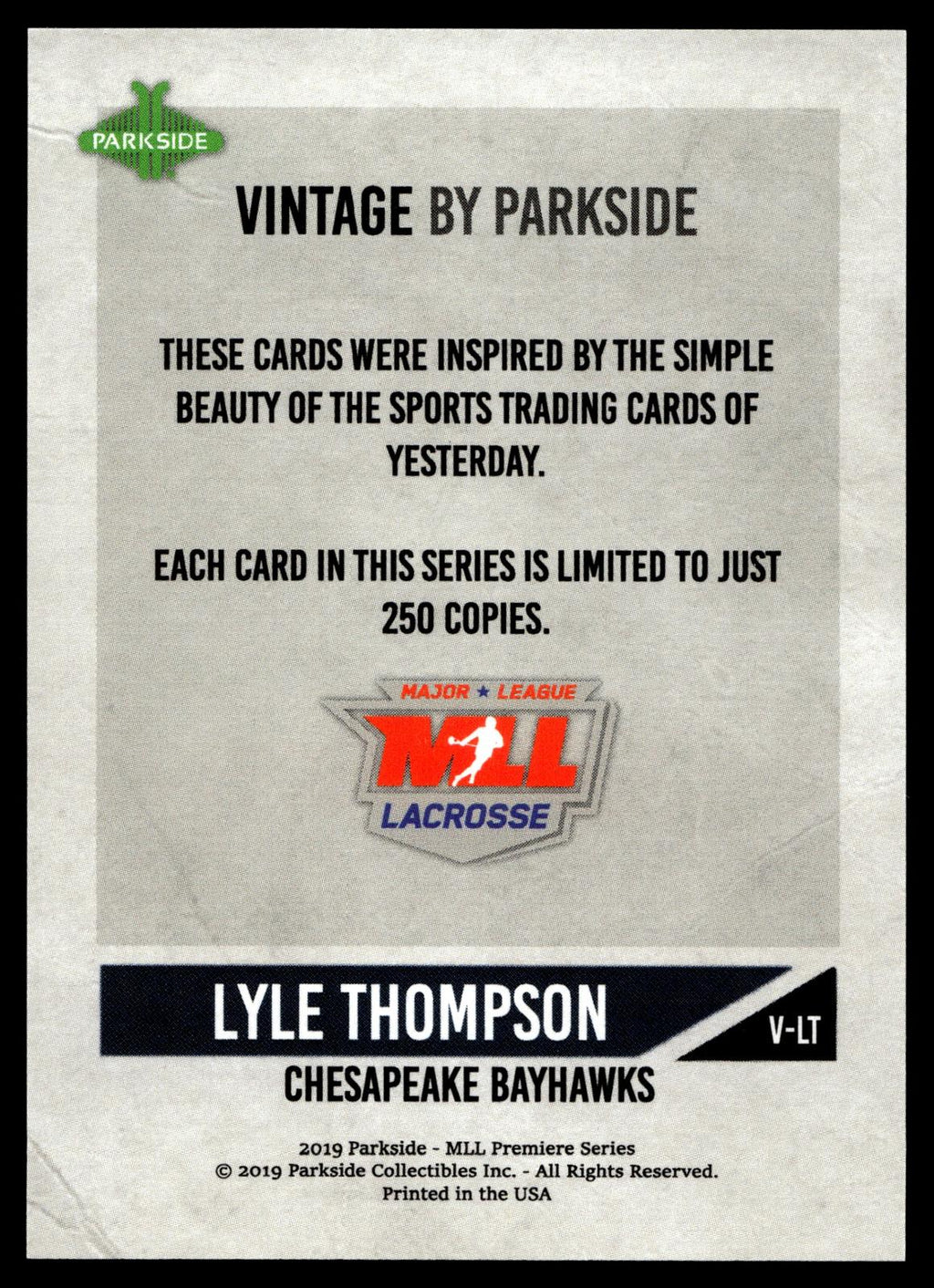 Lyle Thompson 2019 MLL Premier Series Chesapeake Bayhawks Vintage #/250 #V-LT