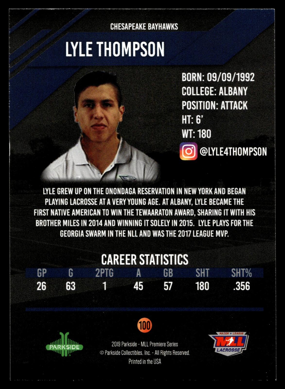 Lyle Thompson 2019 MLL Premier Series Chesapeake Bayhawks #100