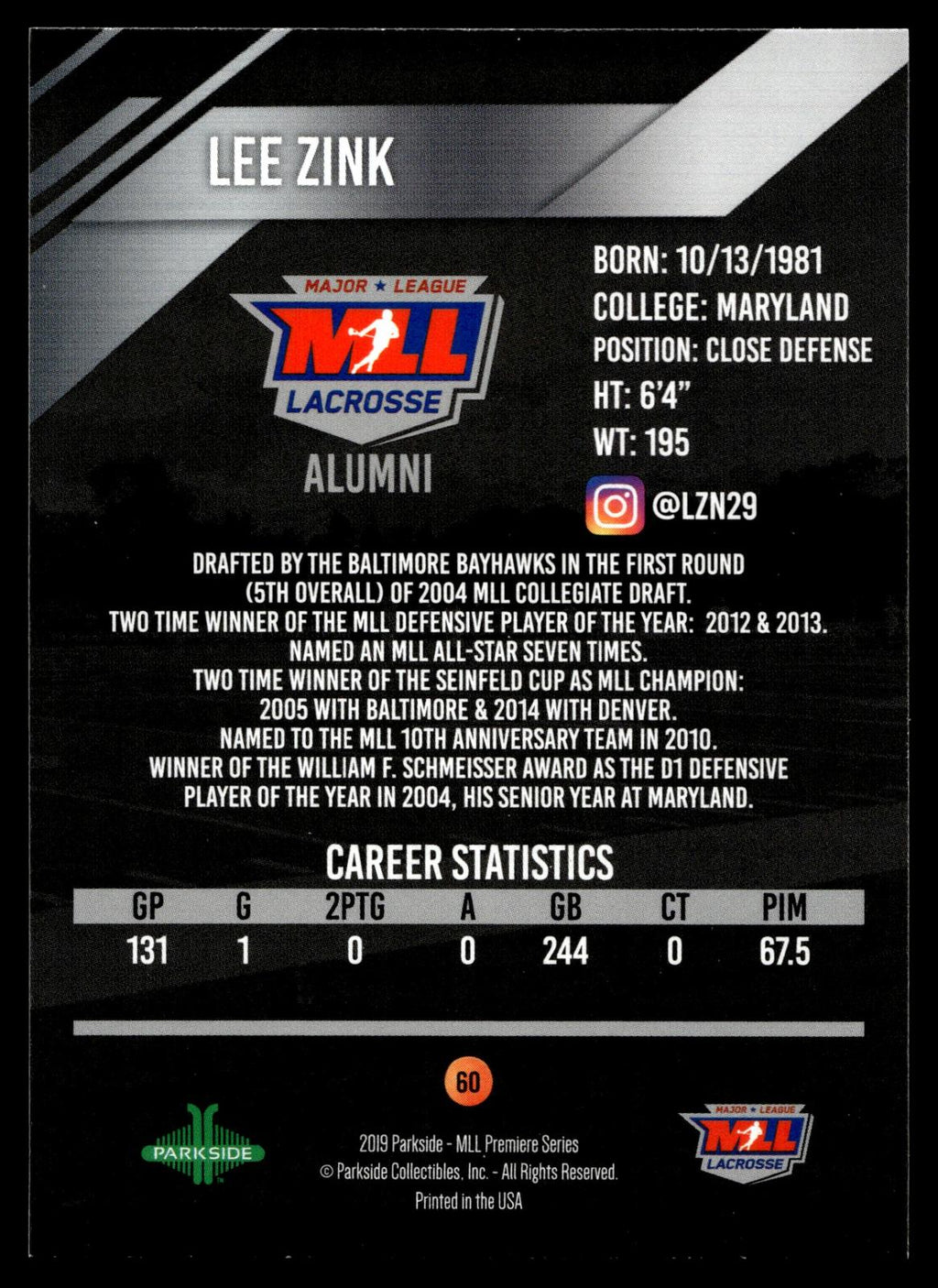 Lee Zink 2019 MLL Premier Series Denver Outlaws MLL Alumni #60