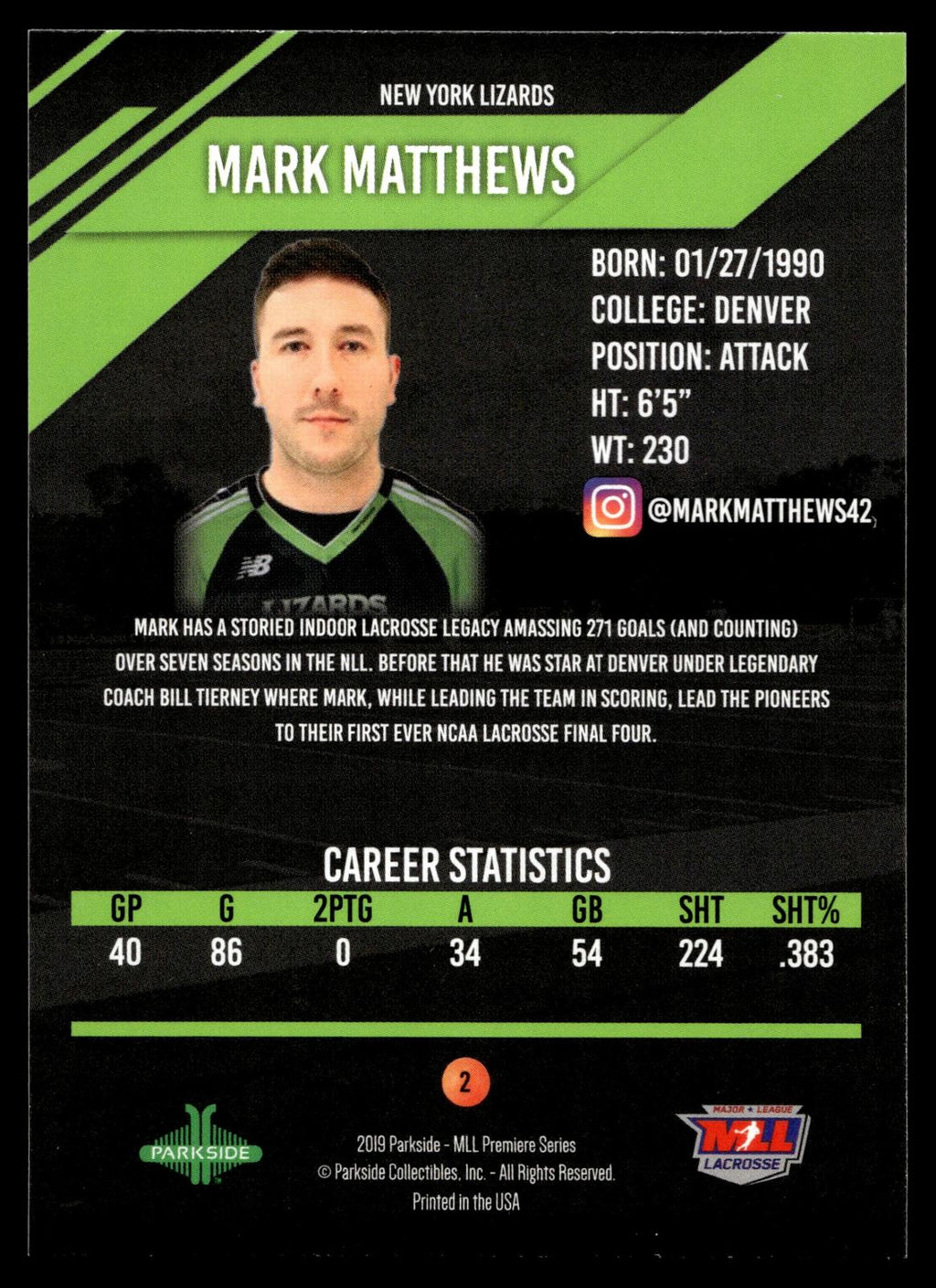 Mark Matthews 2019 MLL Premier Series New York Lizards #2