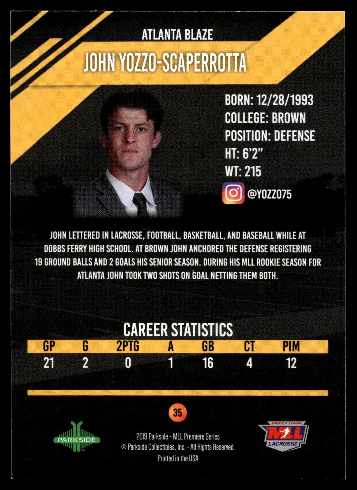 John Yozzo-Scaperrotta 2019 MLL Premier Series Atlanta Blaze #35