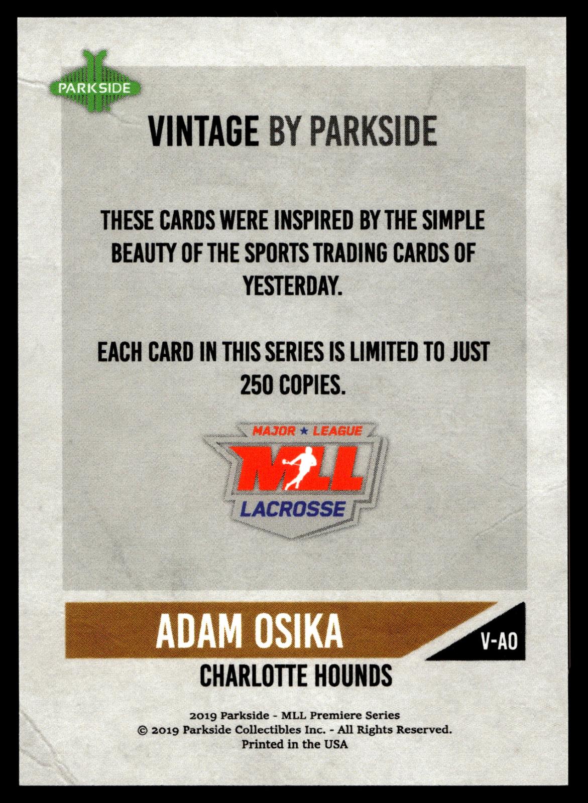 Adam Osika 2019 MLL Premier Series Charlotte Hounds Vintage #/250 #V-AO
