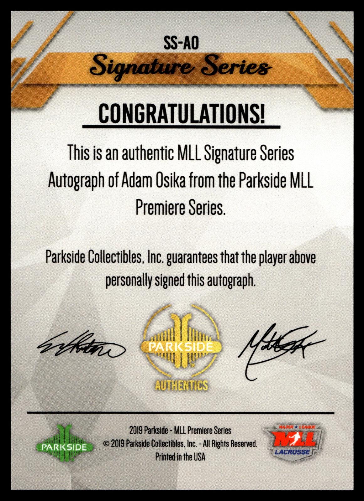 Adam Osika 2019 MLL Premier Series Charlotte Hounds Signature Series #SS-AO