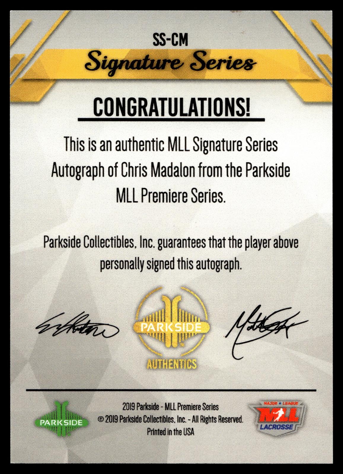 Chris Madalon 2019 MLL Premier Series Atlanta Blaze Signature Series #SS-CM
