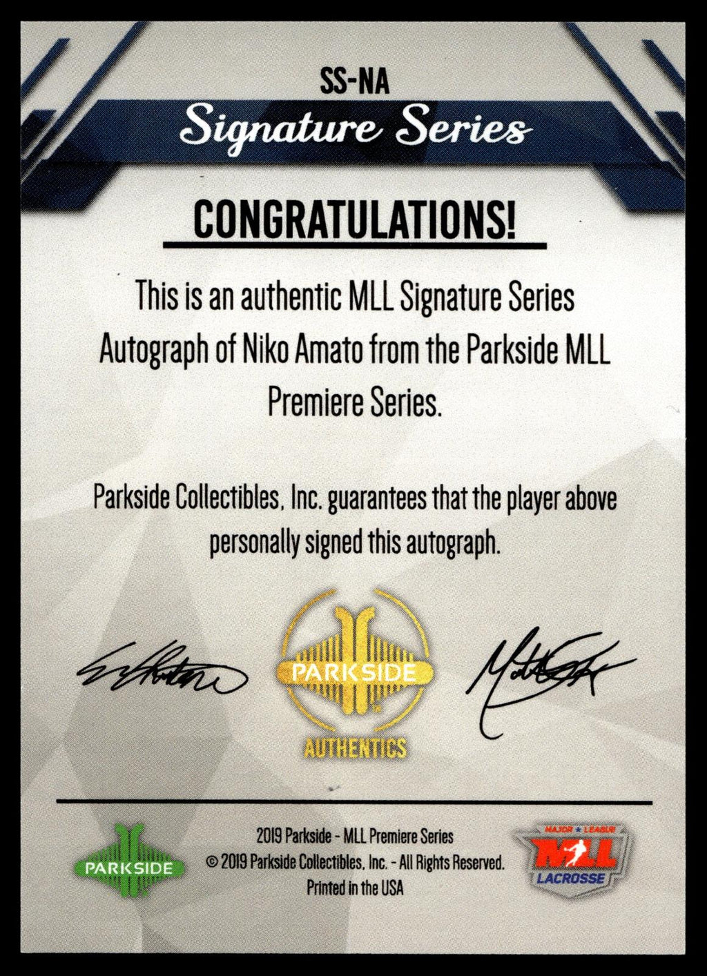 Niko Amato 2019 MLL Premier Series Chesapeake Bayhawks Signature Series #SS-NA