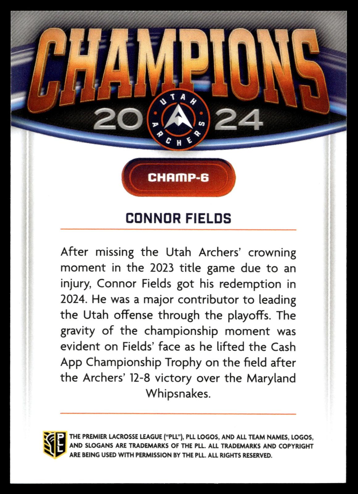 Connor Fields 2025 PLL Fieldside Utah Archers Champions 23/50 #CHAMP-6